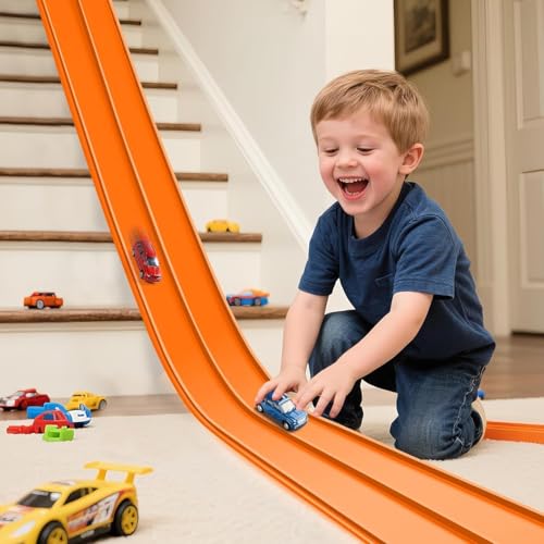 Flex Tracks 15 Ft Starter Set Flexible Race Track for Kids, Race Car Ramp Track Compatible with Hot Wheels and Diecast 1/64th Cars,Rolls Up Race Tracks with Strong Suction Cups (Orange)