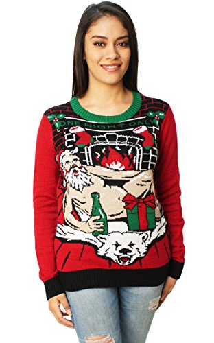 Ugly Christmas Sweater Company Women's Light-Up Santa on Polar Bear Rug, Cayenne, L