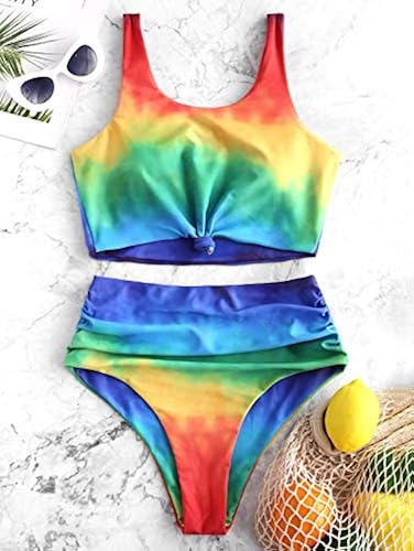 Tie Dye Tankini Zaful ZAFUL Women's Scoop Neck Knot Ruched Rainbow