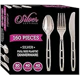 Party Bargains Elegant Silver Polished Cutlery Set | Silver Settings Heavyweight Plastic Silverware Ideal for Parties, Weddings &amp; Catering Events | Party Combo Pack - 160 Pcs