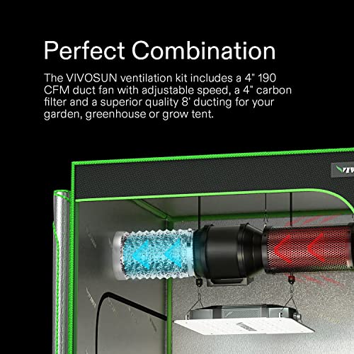 VIVOSUN Air Filtration Kit, 4” 190 CFM Inline Ventilation Fan with Speed Controller, 4” Black