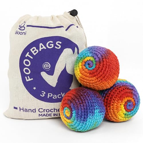 BOONI Handmade Crocheted Footbag- Pack of 3 – Durable Woven Cotton Kick Ball for Style Games, Juggling, Tricks & Outdoor Games - Great as Stress Relief Fidget Toys– Made in Nepal