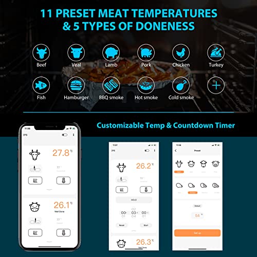 INKBIRD Professional Digital Barbecue Bluetooth Kitchen Thermometer with 2 Stainless Steel Probe for Meat IHT-2PB BBQ Grill Oven