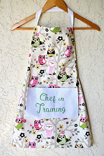 Kids girls apron in owl print fits ages 7-10 embroidery on pocket!