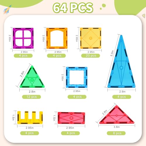Katiago Magnetic Building Blocks Kids 64 Pieces 3D Magnetic Building Games Construction Magnetics Christmas Birthday Gifts for 3 4 5 6 Years Old Girls Boys