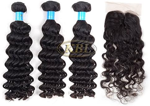 KBL 5A Brazilian Virgin Hair Deep Wave 3 Bundles with 1 Piece Top Lace Closure 4×4inch Middle Part 150% Density 100% Raw Natural Brazilian Human Hair Black #1B (3x18" hair weft+12" lace closure)