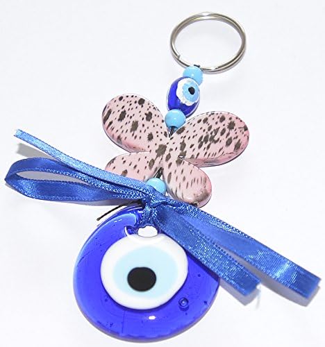 EVIL EYE KEYCHAIN WITH LARGE EVIL EYE BEAD , PINK BUTTERFLY AND BLUE RIBBON BOW (nazar hamsa keychain). HAND MADE DANGLING EVIL EYE FOR KEYS OR TO HANG FROM DOOR TO KEEP EVIL SPIRITS AWAY