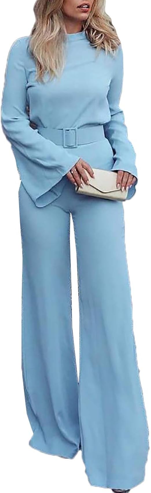 high neck bell sleeve wide leg jumpsuit with belt