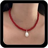 Ximdble Vintage Onyx Bead Choker Necklace Boho Red Coral Pendant Necklace Black Bead Chain Necklace Short Onyx Choker Necklace Red Pearl Chain Necklace for Women
