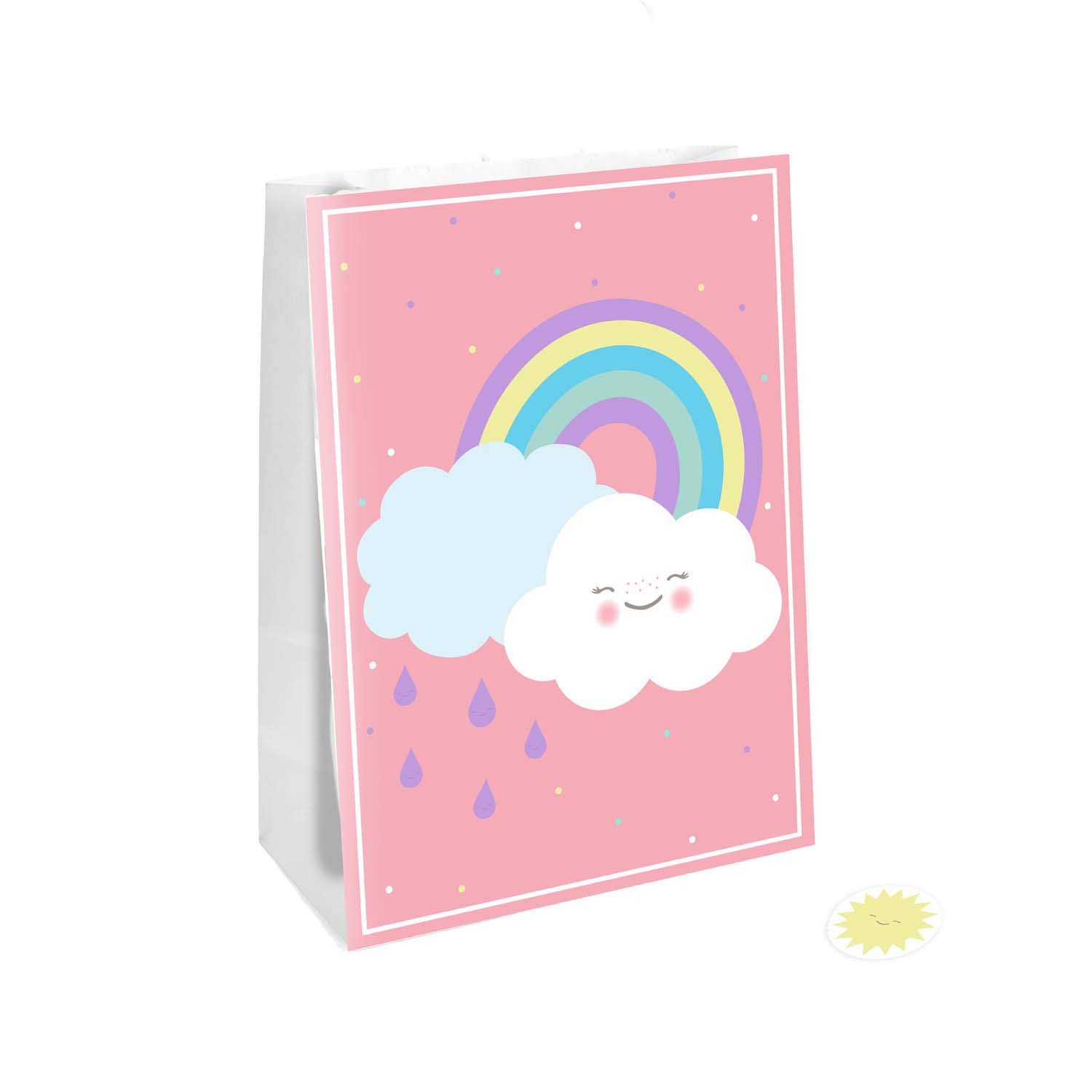 amscan 9904305 Paper Bags Rainbow Pack of 4 Size 14.7 x 21 cm with Stickers Pink with Multicoloured Designs Rainbow & Cloud, Rain, Face, Gift Bag, Packaging, Bag, Give Away