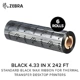 Zebra - Standard Black Wax Ribbon for Thermal Transfer Desktop Printers - Width 4.33 in, Length 242 ft, 0.5 in Core - 6 Rolls