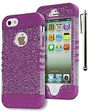 iPhone SE Case, Bastex Heavy Duty Hybrid Protective Case - Soft Neon Purple Silicone Cover with Clear Sparkly Glitter Design Shell for Apple iPhone SE, 5, 5S, 5GINCLUDES STYLUS