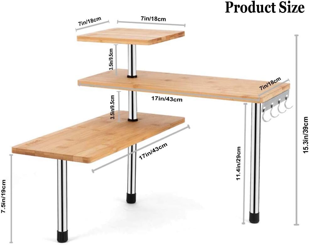 HYNAWIN 3 Tier Corner Shelf Bamboo & Metal Storage Spice Rack-Desk Bookshelf Display Shelves Space Saving Organizer -Adjustable Rack for Kitchen,Bedroom, Office-Creative Home Décor with Hooks: Furniture & Decor