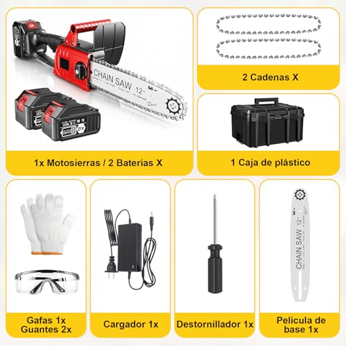 Mini Motosierra Inalámbrica de Mano de 12 Pulgadas,Motosierra Inalmbrica Portátil y Funcional,Motosierra Eléctrica de Con 2 Baterías 21v,para Poda de árboles,Jardinería