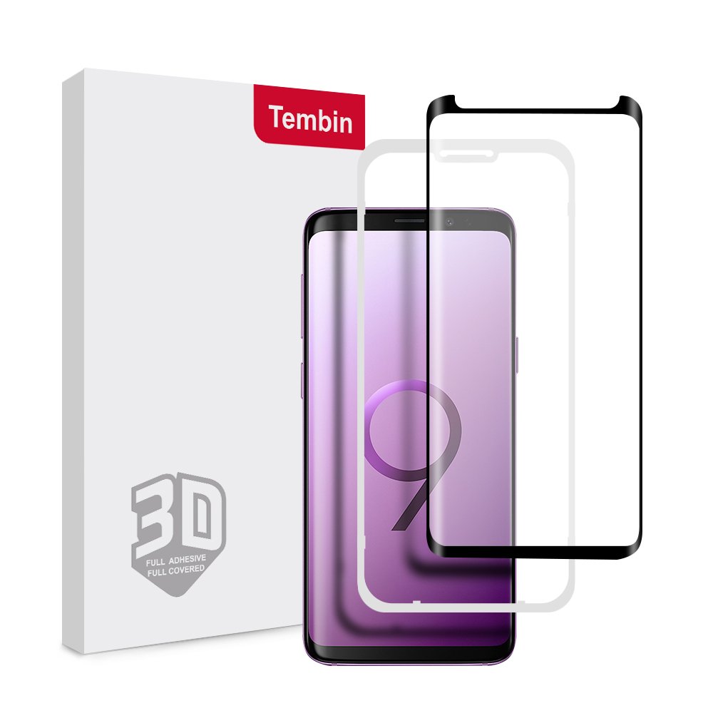 Tembin Glass Screen Protector for Galaxy S9 Plus [ Leather Case Friendly ] Full Adhesive & Full Coverage Curved Edge Screen Cover Anti-Fingerprint 9H Hardness Screen for Samsung Galaxy S9+ [ 2 Pack ]