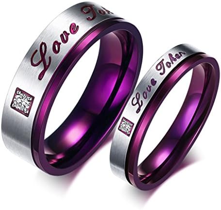 FXD Fashion Men's Women's 316 L Stainless Steel "Love Token" Engraved Rhinestones Couple Rings Wedding Bands, Silver and Purple (Womens-6)