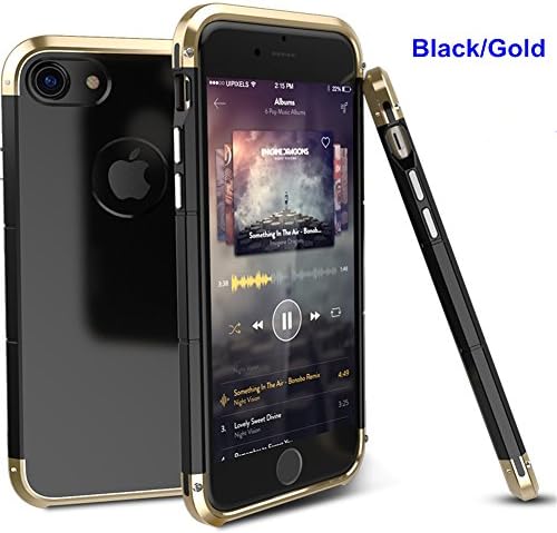 iPhone 7 Case Metal,Aircraft Metal Bumper Plastic Back Case Cover for iPhone 7 4.7'' with Tempered Glass Screen Protector,Anti-knock Shockproof Tough Aluminum Frame Back Cover Cases Shell (Black/Gold)