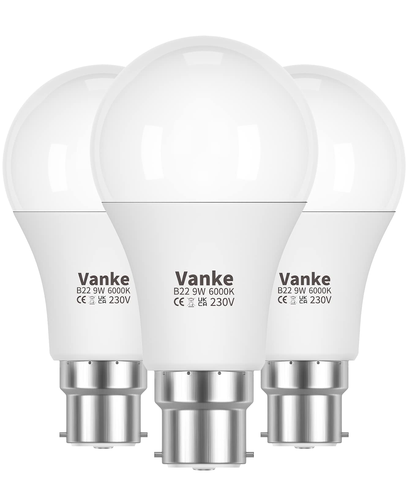 Vanke Bayonet Light Bulb 60w Equivalent, Cool White 6000K, 9w Energy Saver Bulb, 806 Lumen B22 LED Bulbs, Non-Dimmable,Pack of 3
