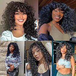 ANNIVIA Curly Wig with Bangs for Black Women Black