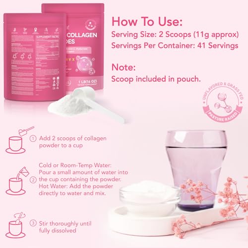 Multi Collagen Peptides Powder, 1 lb Unflavored Hydrolyzed Collagen Types I, II, III, V, X，16 oz (41 Servings)-Hyaluronic Acid Power,Grass Fed Collagen Supplements for Women and Men, Non GMO