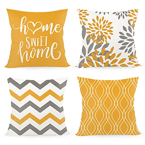 Set di 4 federe per cuscino 45 x 45 cm, con scritta Home Sweet Home, con chiusura lampo nascosta, per cuscino del divano, per Natale, colore arancione e giallo