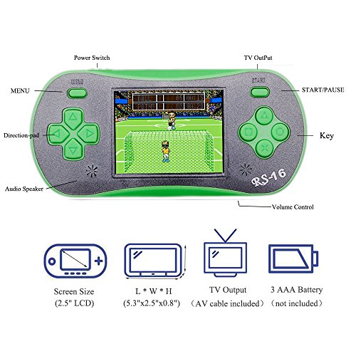 JJFUN RS-16 Handheld Game Console for Kids, 2.5" 12-Bit LCD Portable Video Games Device, Pocket Handhold Game Player with 260 Interesting Games â€“Green