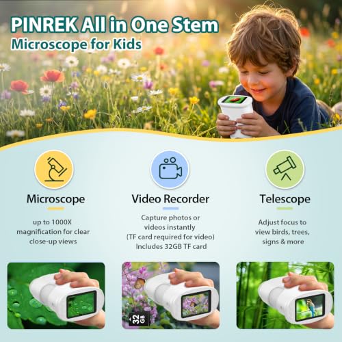 PINREK Kids Microscope 1000X Digital, Handheld Adventure Microscope for Kids, Pocket Microscope Video Record with 32G Memory Card, Portable Magnifying Glass Miniscope, Great Gift for Boys Girls