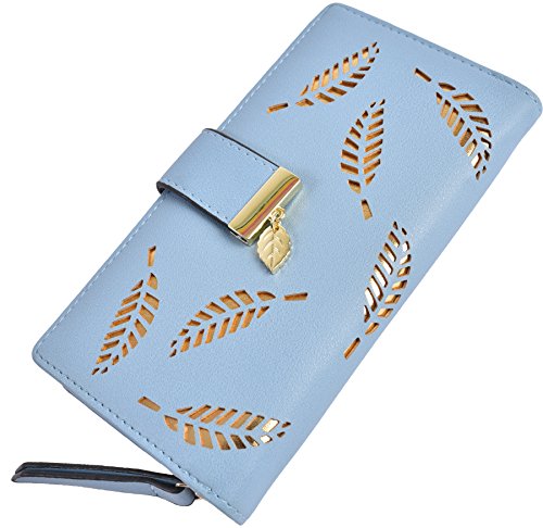 Womens Long Clutch Wallet Leather Zipper Card Holder Purse Ladies Hollow Bifold Wallet (Blue)