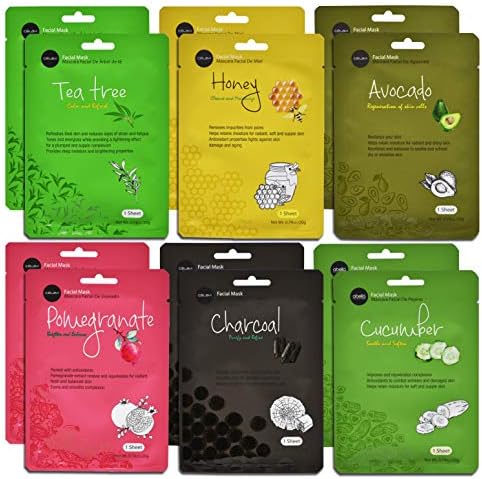 Celavi Essence Facial Face Mask Paper Sheet Korea Skin Care Moisturizing 12 Pack (Mix - 2 of Each) …