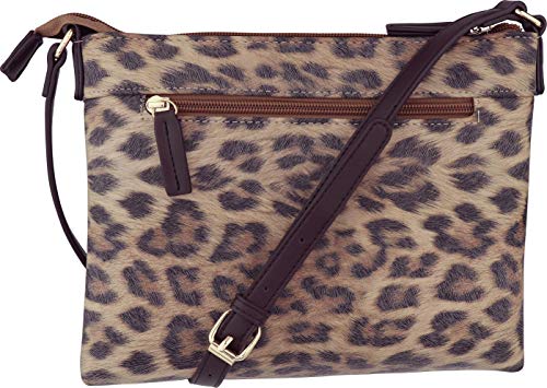B BRENTANO Vegan Multi-Zipper Crossbody Handbag Purse with Tassel Accents (Leopard Brown)