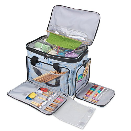 Luxja Knitting Bag, Yarn Bag with Cover, Yarn Storage Organizer for Carrying Projects, Knitting Needles (up to 14”), Circular Needles, Crochet Hooks and Other Accessories, Leaves