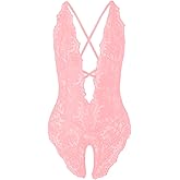 SOLY HUX Women's One Piece Lingerie Sexy Lace Babydoll Deep V Teddy Criss Cross Backless Teddy Mini Bodysuit