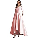 Juidei Long Sleeve Mother of The Bride Dresses for Women Satin High-Low Formal Evening Dresses with Pocket