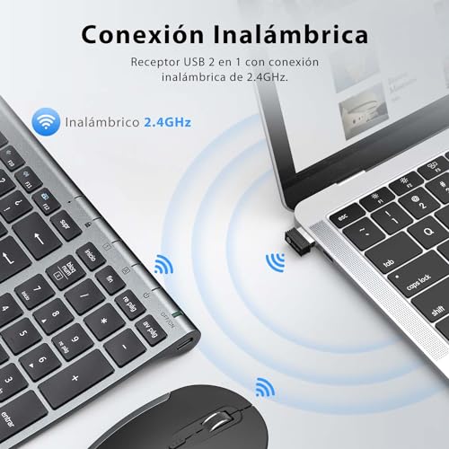 iClever Teclado y Ratón Inalámbrico GK03-QWERTY Español 2.4G Teclado Ratón Inalámbrico Con Batería Recargable, Diseño Ergonómico, Tamaño Compacto, Delgado y Fino, Conexión Estable