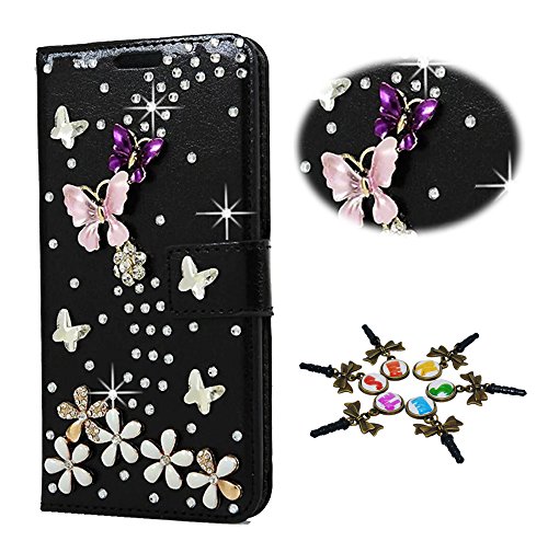 STENES Galaxy Note 5 Case - 3D Handmade Crystal Buterfly Floral Sparkle Wallet Credit Card Slots Fold Media Stand Leather Cover For Samsung Galaxy Note 5 - Purple&Pink