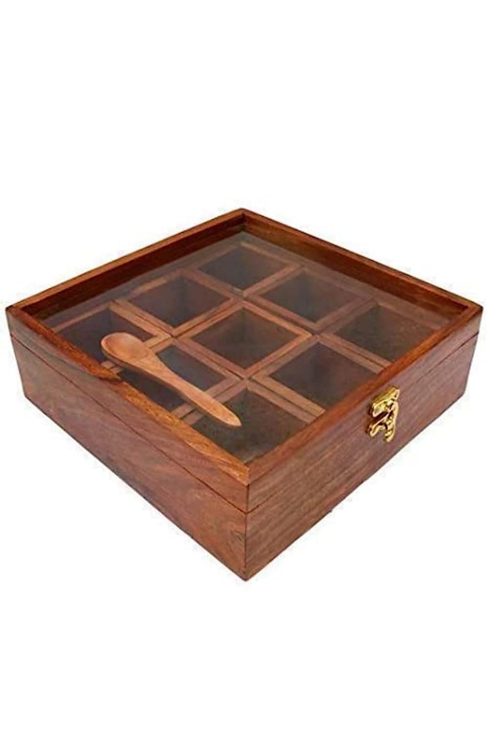 IBLAY Handicraft Brown Designer Wooden Spice Box Kitchen & Dining Great 9 Spices storage Boxes 8 x 8 x 2.5 inch