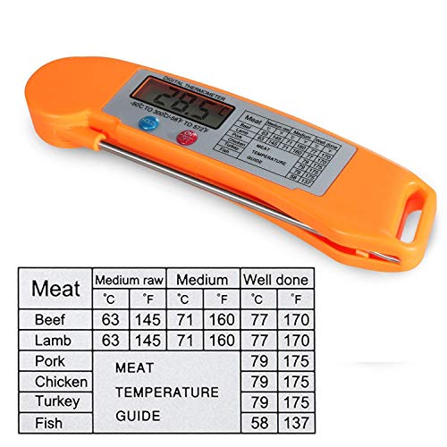 Instant Read Food Meat Thermometer, BaseWish Digital Electronic Cooking Thermometer with LCD Screen, Long Collapsible Safe 304 Stainless Steel Probe, for BBQ Grill Oven Candy Liquids Milk Tea, Orange