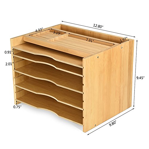 Bamboo File Organizer Desk Paper Sorter with 5 Adjustable Shelves Dividers Workspace Organizer with Top Storage Parts