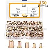 VIGRUE 150pcs #8-32#10-24 1/4"-20 5/16"-18 3/8"-16 Carbon Steel UNC Rivet Nuts Rivnut Assortment Kit, Yellow Zinc Plated Finish, Flat Head Threaded Insert Nutserts Assort