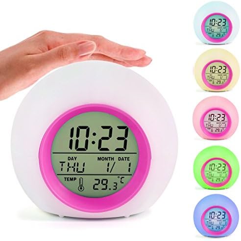 CIGERA Color Changing Digital Alarm Clock for Kids with 7 Different Rings,Calendar,Indoor Temperature and Soft Wake-Up Light,Nice Gift and Decor for Kids Bedroom,White+Pink