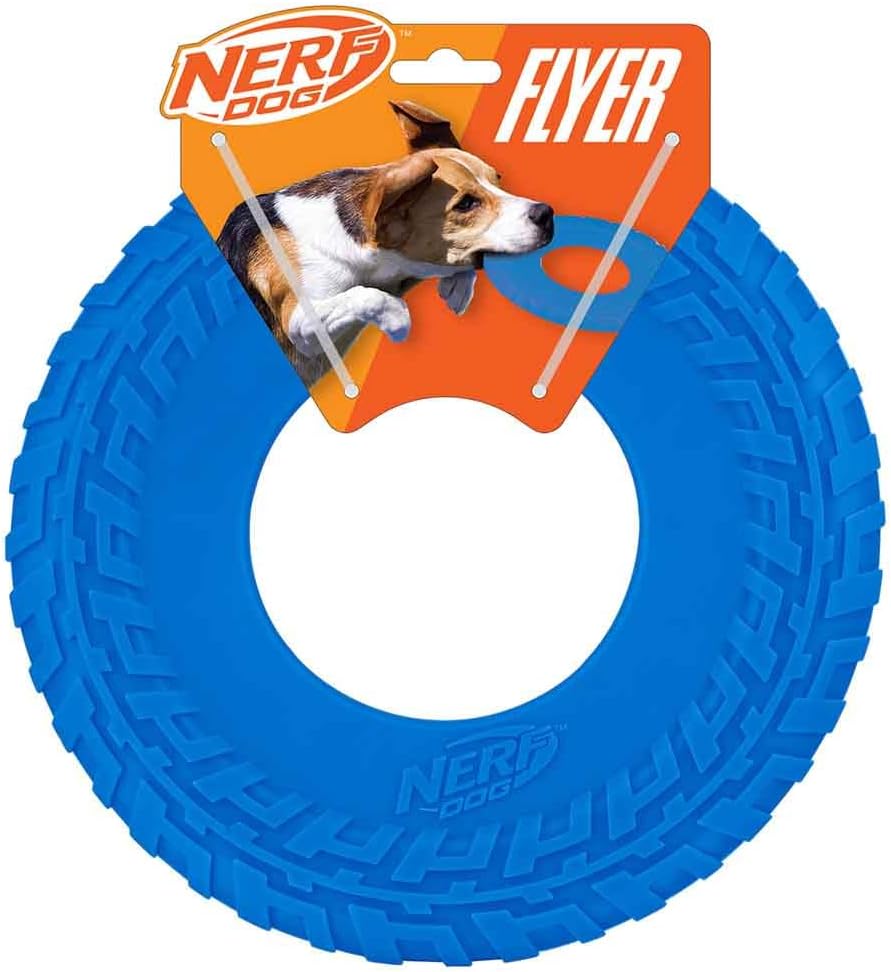 Nerf Dog Rubber Tire Flyer Toy 10 Inch Blue Flying Disc for Medium Large Dogs