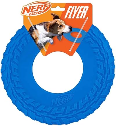 Nerf Dog Rubber Tire Flyer Toy 10 Inch Blue Flying Disc for Medium Large Dogs