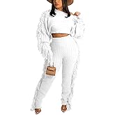 Angsuttc Sweater Sets for Women Knitted Tassels 2 Piece Outfits Solid Long Sleeve Cropped Sweaters and Pants Set