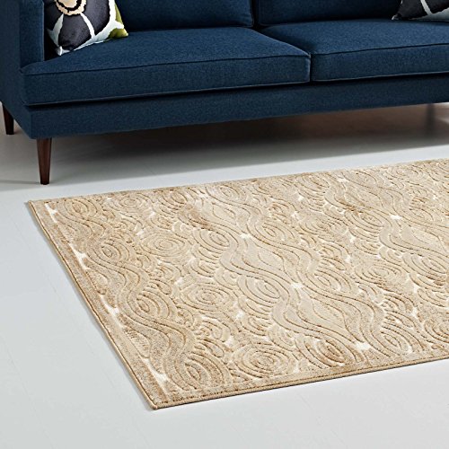 Modway Kennocha Rustic Vintage Abstract Waves 5x8 Area Rug in Tan and Cream