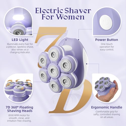 Bartrimber 7D Lady Shaver for Women: Fast & Smooth Full-Area Electric Shaver for Legs & Bikini, Waterproof Wet & Dry Use Electric Razor, Cordless Body Hair Remover w/LED Light & Travel Cover, Purple