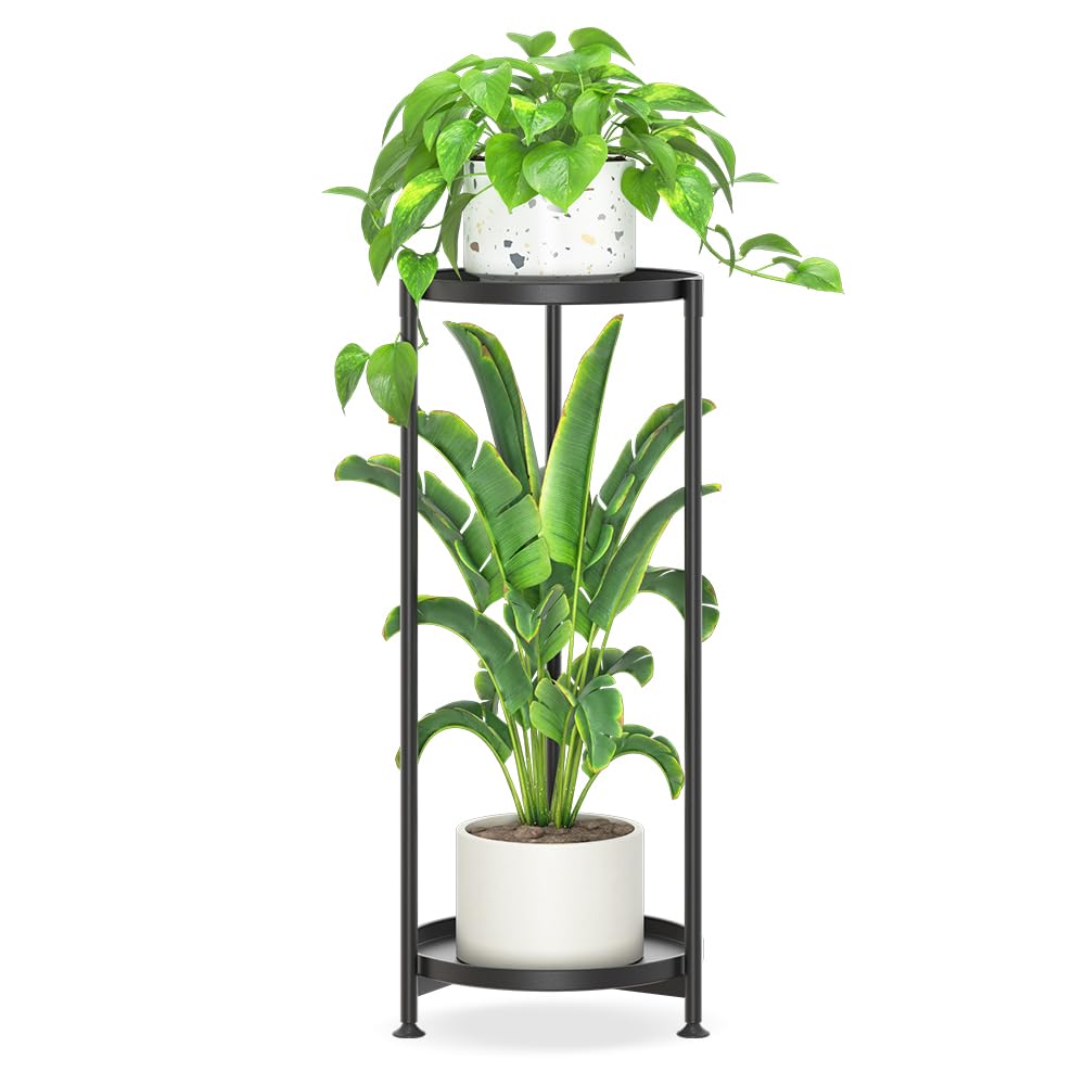 Photo 1 of iDavosic.ly 2 Tier Corner Plant Stand Indoor, Tall Vertical Metal Flower Heavy Duty Pot Holder Shelf Outdoor for Patio Porch Living Room, Modern Black - Round