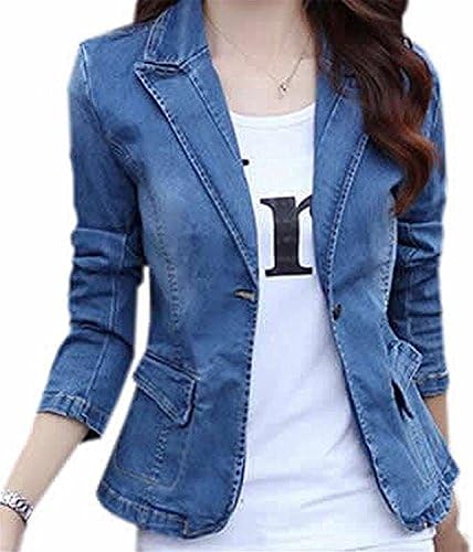 Tirahse Fashionable Womens Turndown Collar Button Down Blazer Denim Jackets BlueMedium