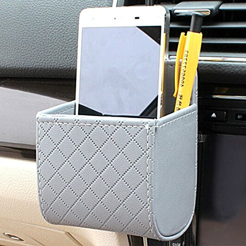 T&B Car Air Vent Storage Box PU Leather Bag Organizer Car Auto Seat Back Interior Tidy Storage Coin Case Cellphone Holder Pounch Box with Hook (Grey)