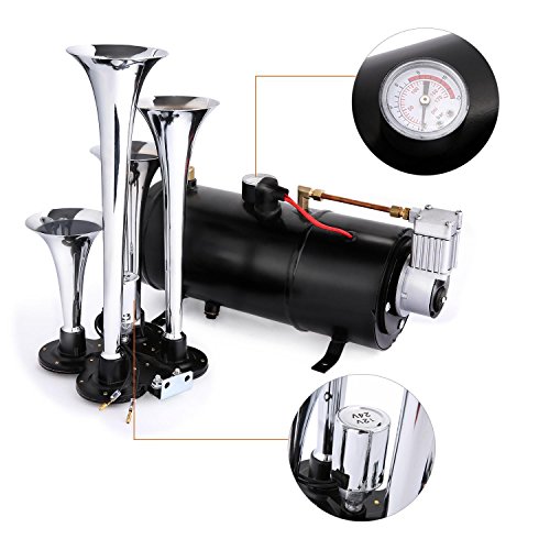 4 Trumpet Train Air Horn Kit for Trucks Car Train SUV with 120 PSI 12V Air Compressor, Fits Almost Any Vehicle