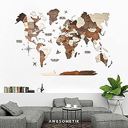 Awesometik" 3D Wood World Map Wall Art Decor - With